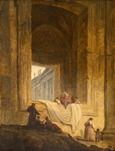 Hubert Robert, Personnages dans une baie à Saint-Pierre de Rome. 1763. Huile sur bois. H. 48,5; l. 37 cm. Valence, musée de Valence © Musée de Valence, photo Éric Caillet